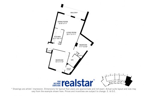 Harbourview Apartments 2-bedroom, 1-bath layout variation C in Oakville, ON